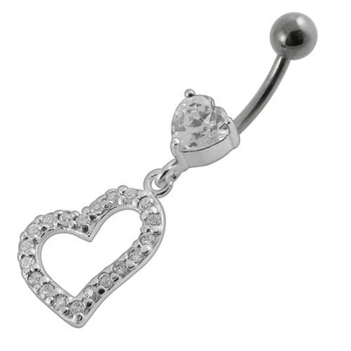 Jeweled Fancy Heart Loop Silver Dangling SS Banana Navel Ring