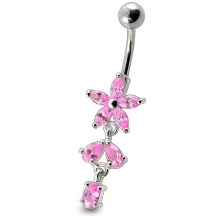 Fancy Non Moving Silver Flower Dangling SS Bar Belly Ring