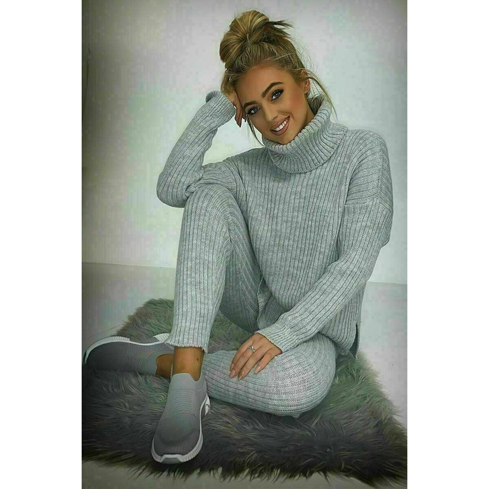 Ladies Chunky Knitted Ribbed Polo High Neck Top Leggings Loungewear Suit Set