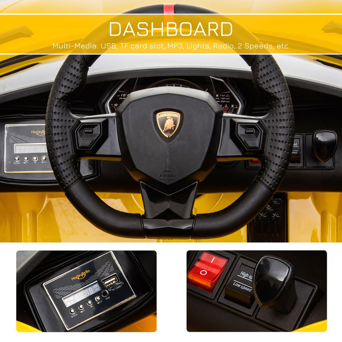 HOMCOM Lamborghini Aventador Licensed 12V Kids Electric Ride On Car Racing Car Toy with Parental Remote Control Battery-powered 2 Motors Music Lights for 3-8 Years Old Yellow