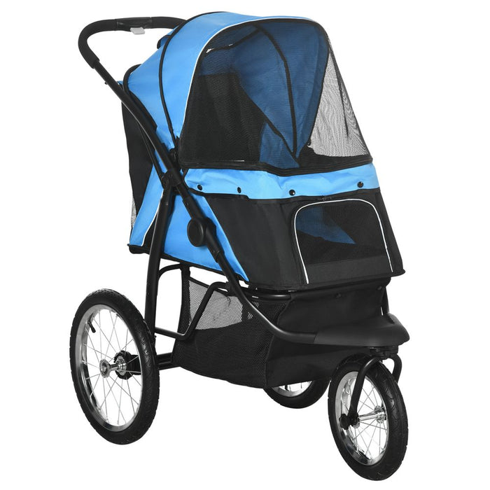 PawHut 3 Wheel Pet Stroller - Blue | Foldable Cat Pram + Soft Mat | Medium Small Dogs | All Terrains