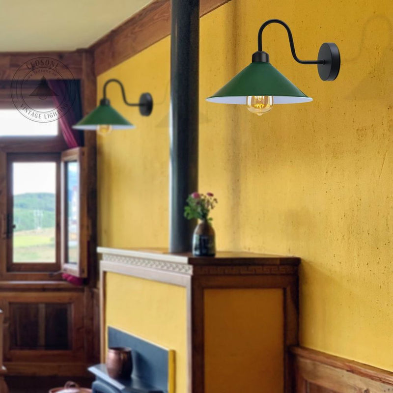 Green Wall Light Fixture,Black Wall Sconce E27 Base Socket Screw Type Wall Neck Cone Shape Shade