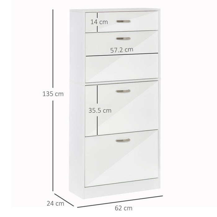 4 Drawer Shoe Cabinet with Flip Doors Shelves - 18 Pair Storage - White