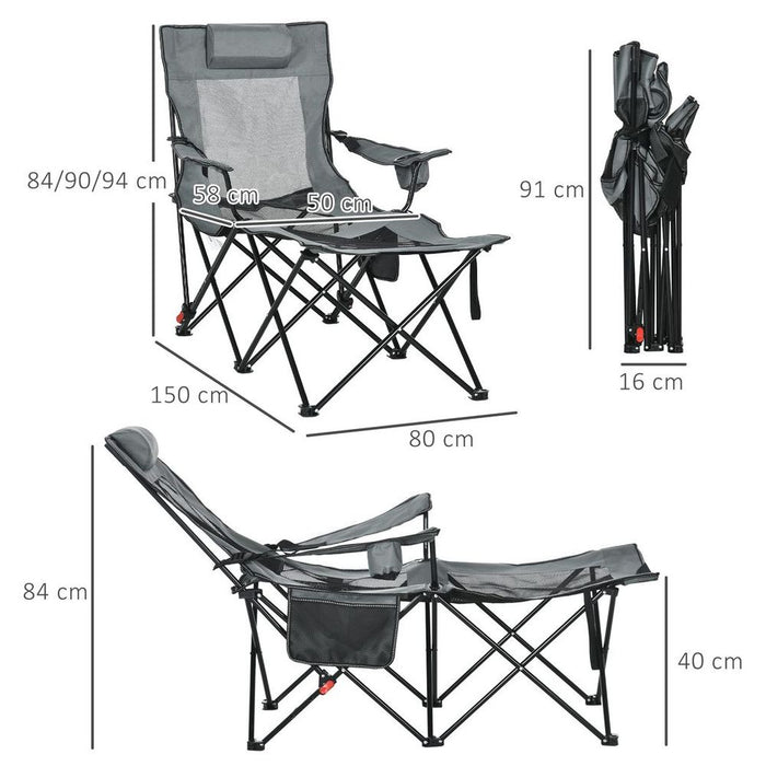 Premium Foldable Camping Chair w/ Footrest & Adjustable Backrest. Bag Included. Quality Grey Design.