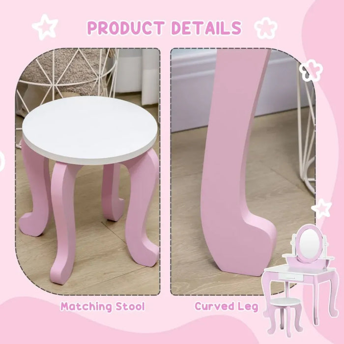 Kids Dressing Table with Mirror and Stool with Drawer for 3-6 Years Old, Pink