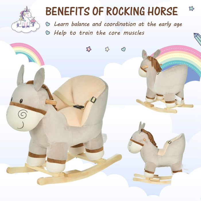 HOMCOM Kids Children Rocking Horse Plush Ride On Donkey Seat w/Sound Wood Base Seat Safety Belt Toddler Baby Toy Rocker Grey 18-36 Months