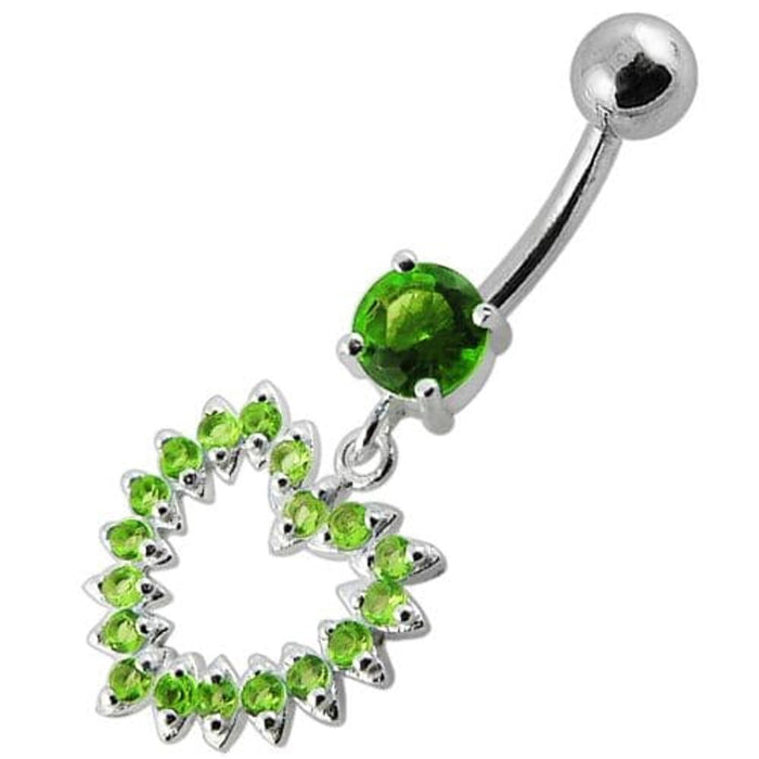 Jeweled Fancy Heart Silver Dangling Banana Bar Navel Belly Ring