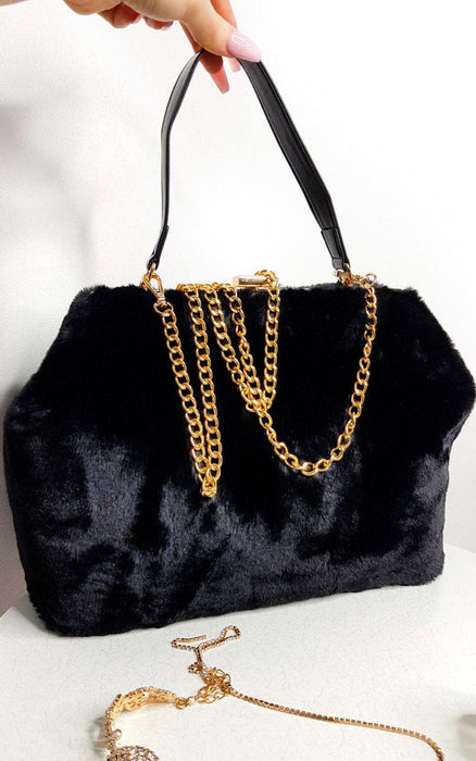 Plush Fur HandBag with Gold Chain | Lola: Black, 10" height, 14" length