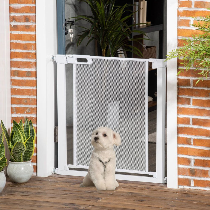 PawHut Pressure Fit Safety Gate for Doorways and Staircases, Dog Gate w/ Auto Closing Door, Pet Barrier for Hallways w/ Double Locking, Openings 75-82 cm - White