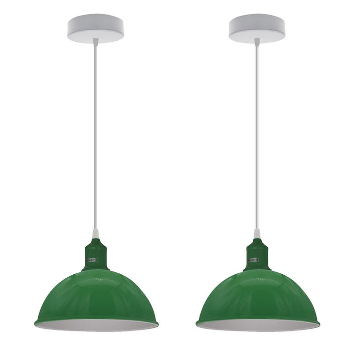 Dome Geen Metal Pendant Lights - 2 Pack, Sturdy, Loft Style, 21cm, Spray Painted Finish, Inner White