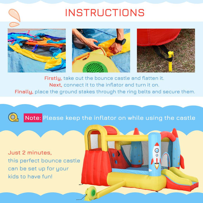 Outsunny Bouncy Castle Inflatable Bouncy Castles for Children Bounce House 3 in 1 w/Trampoline Slide Water Pool with Blower for Kids Age 3-8 Rocket Design 3.3 x 2.65 x 1.85m