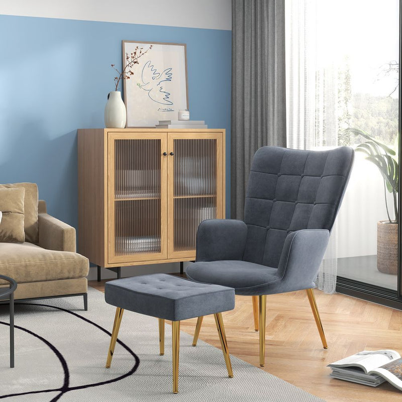 HOMCOM Button Tufted Armchair with Footstool and Gold Tone Steel Legs Dark Grey