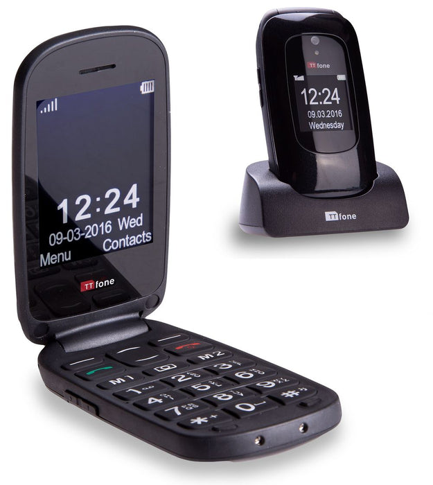 High-Quality TTfone Lunar TT750 Black Flip Big Button Mobile+O2 SIM: Easy Menu, Pay As You Go