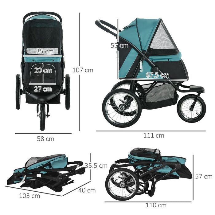 Premium Pet Stroller - Foldable, 3 Wheels, Comfortable Cabin - Green