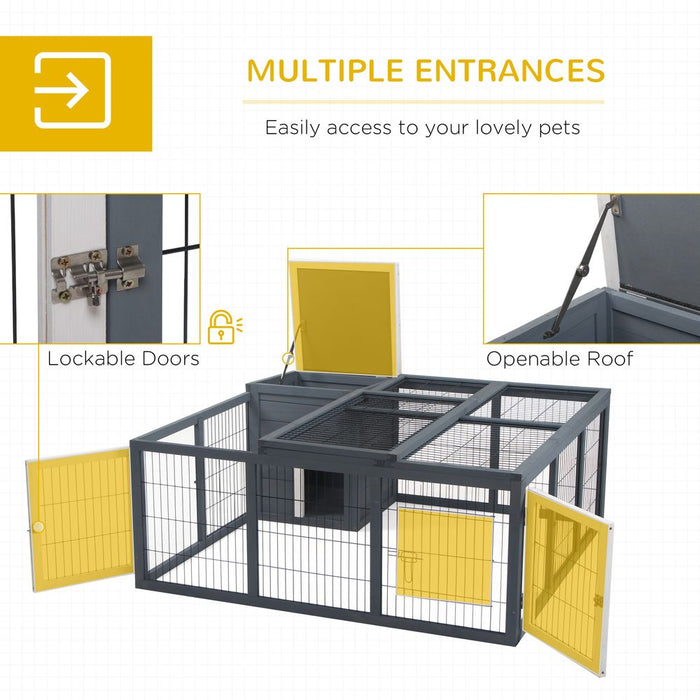 PawHut Rabbit Hutch Outdoor, Guinea Pig House, Bunny Run Cage with Openable Top for 2 Rabbits, 123 x 120 x 52cm, Grey