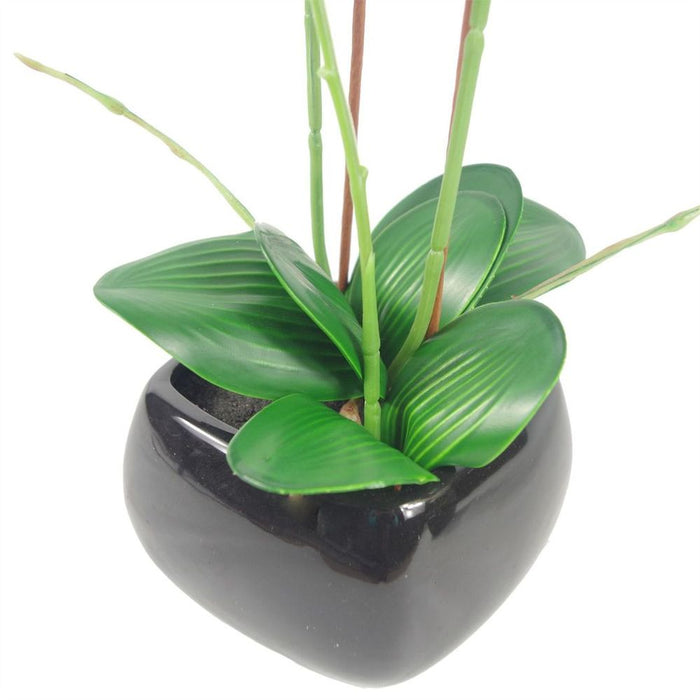 High Quality 70cm Dark Pink Artificial Orchid w/ Black Ceramic Planter - Natural Look, Fully Assembled - Leaf Design UK