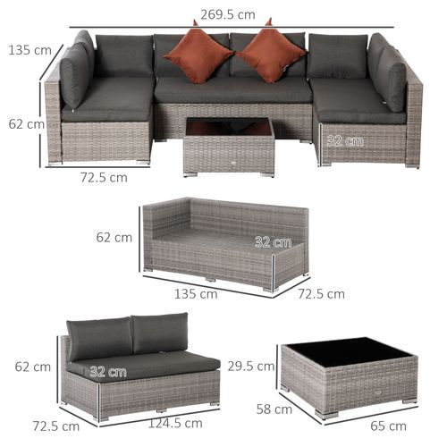 6-Seater Patio PE Rattan Sofa Set, w/ Tempered Glass Coffee Table Grey