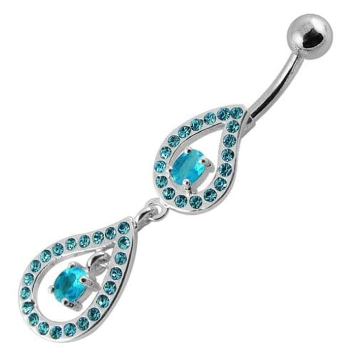 Fancy Pear Shape Jeweled Dangling SS Bar Navel Ring