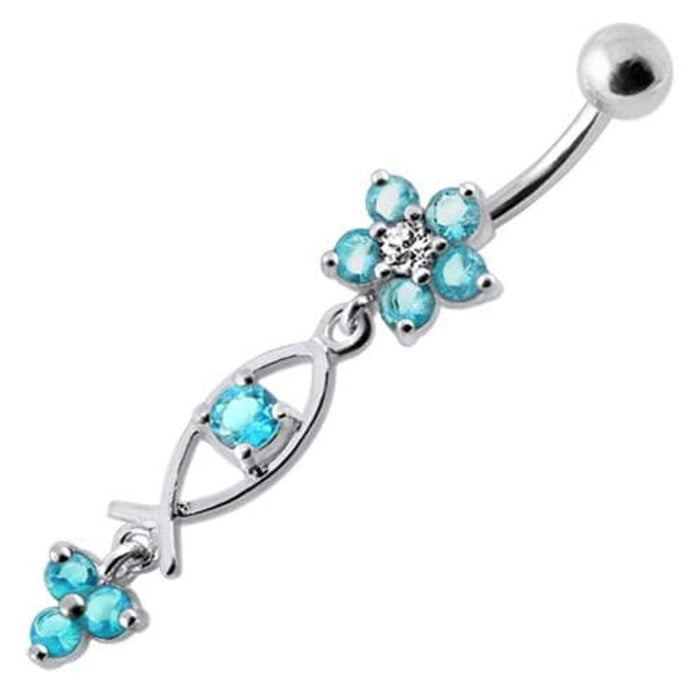 Silver Fancy Jeweled Dangling Flower With SS Banana Bar Navel Ring