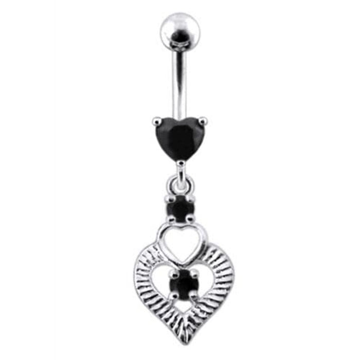 Silver Fancy Heart Jeweled Heart Dangling Banana Belly Ring