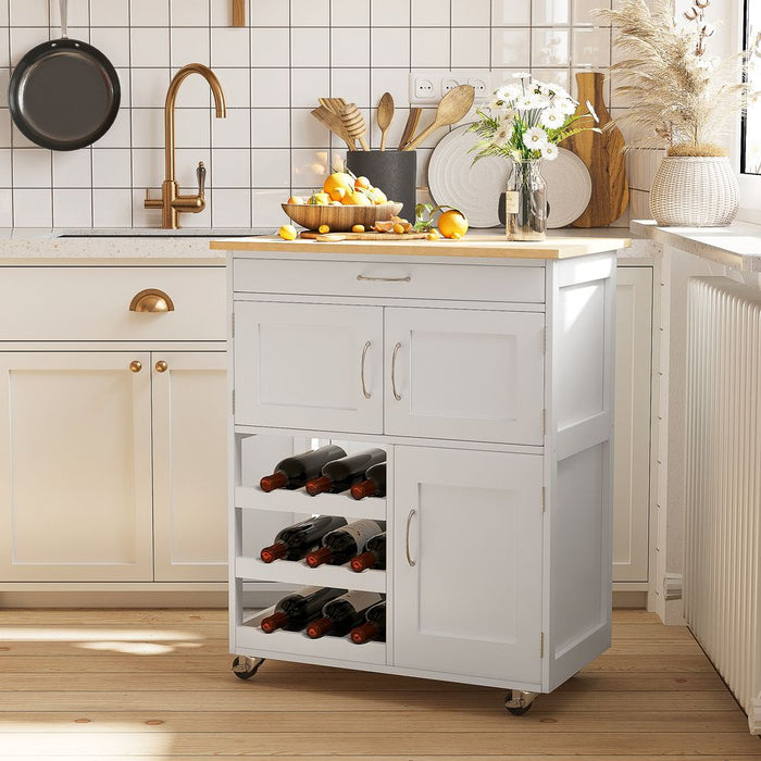 Modern Kitchen Trolley Rolling Island Storage Cart Drawer 9 Bottle Rack White