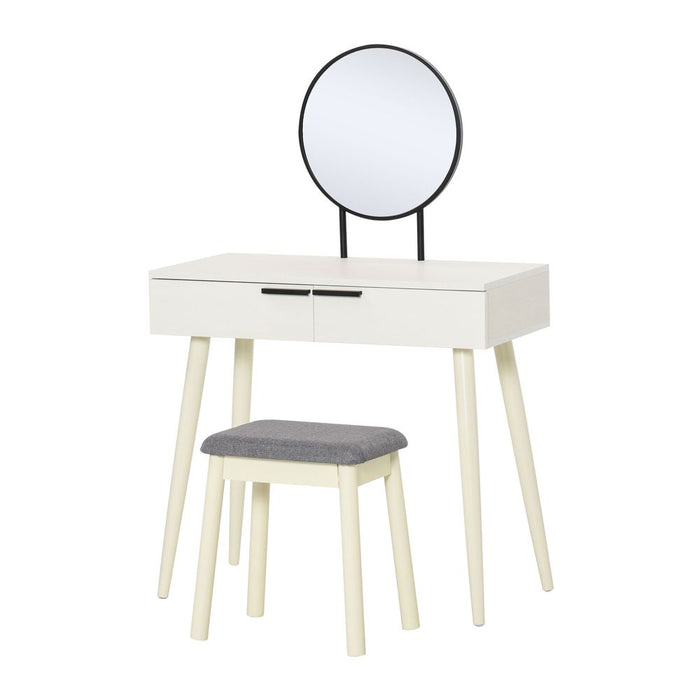 Dressing Table Vanity Set Makeup Desk with Round Mirror Cushioned Stool  White