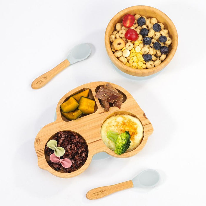 VINSANI BAMBOO CAR PLATE, BOWL & SPOON: Hypoallergenic, Non-Slip, BPA-Free, Easy to Clean