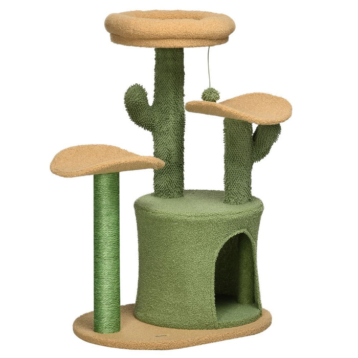 PawHut Cactus Cat Tree 83cm Cat Climbing Tower Kitten Activity Centre w/Cat House, Bed, Sisal Scratching Post, Hanging Toy Ball - Green