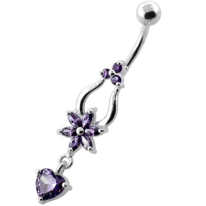 Flower with Heart Dangling Navel Belly Ring