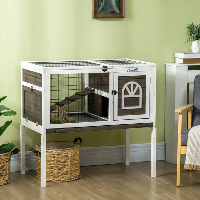 Rabbit Hutch Guinea Pig Cage with Slide-out Tray Openable Roof for Indoor Use