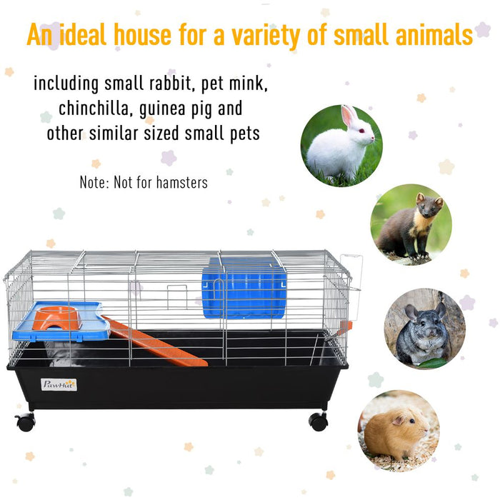 PawHut Small Animal Cage Rabbit Guinea Pigs Chinchillas Cage w/Wheels Water Bottle Food Dish Platform Ramp 89 x 44 x 43 cm Black