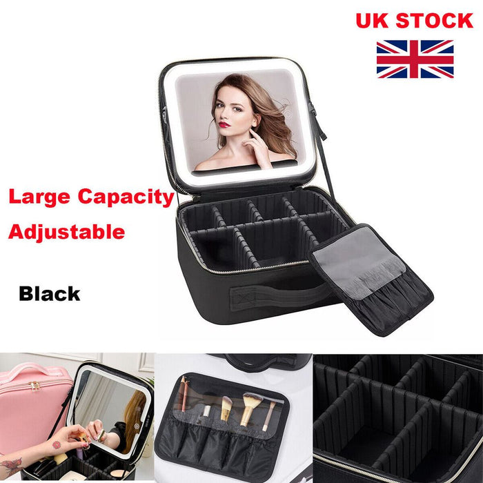 Makeup Bag with LED Light Mirror PU Makeup Case Cosmetic Box Black UK