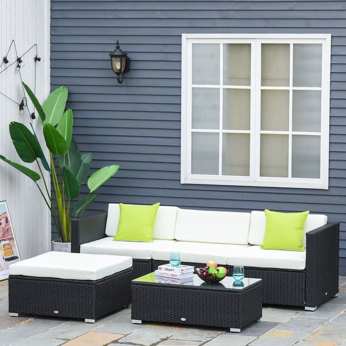 5PC Rattan Furniture Set - Wicker Sofa, Glass Table & Cushion Pillows - High-Quality Outdoor Patio Set