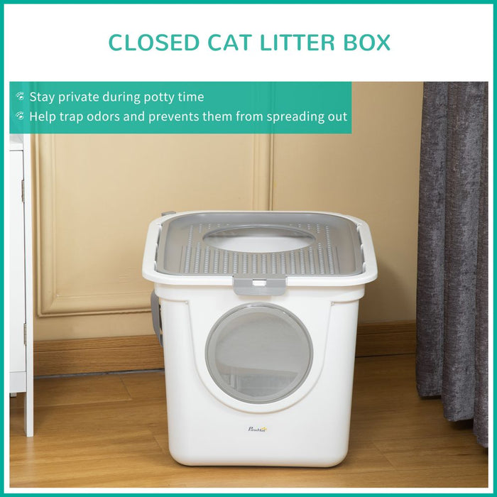 PawHut Cat Litter Box Pet Toilet Enclosed Kitten Pan w/Front Entrance Top exit Scoop, White