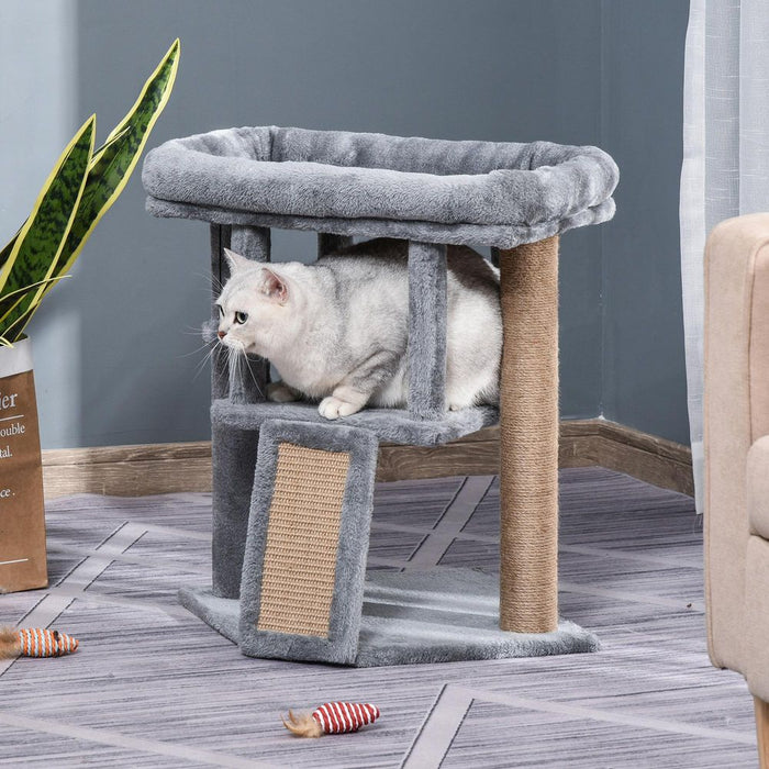 PawHut Cat Tree Tower for Indoor Cats Cat Scratching Post Climbing Activity Centre w/Jute Scratching Pad, Toy Ball, Cat House - Grey