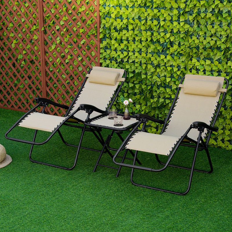Premium 3PC Zero Gravity Chairs Sun Lounger Table Set w/ Cup Holders - Beige - High Quality - Outsunny