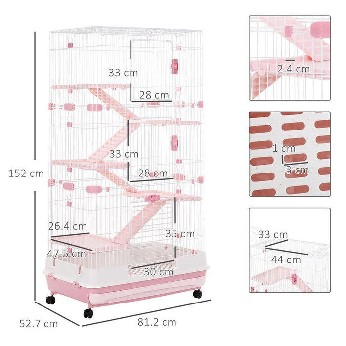 PawHut Pink Small Animal Cage - Indoor Bunny Ferret Chinchilla - 6 Levels - Wheels Tray - 158.6H x 81.2L x 52.7Wcm