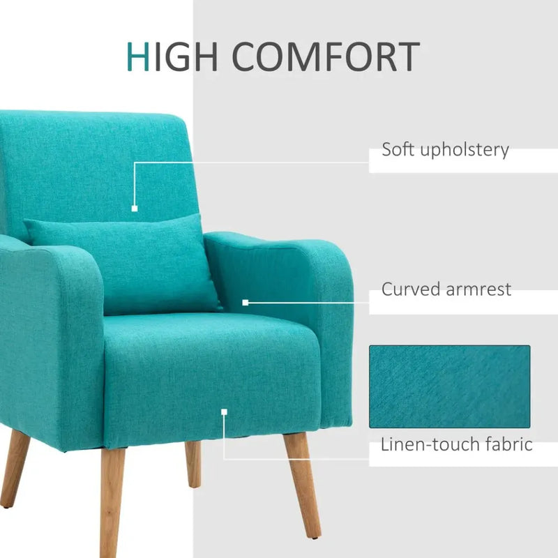 Nordic Armchair Linen-Touch Sofa Chair with Cushioned Pillow & Wood Legs Teal