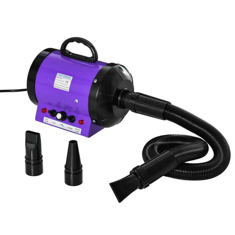 PawHut 2800W Dog Dryer Blaster Pet Grooming Hair Dryer Blower Adjustable Temperature Speed with 2.1M Flexible Hose 3 Nozzles - Purple