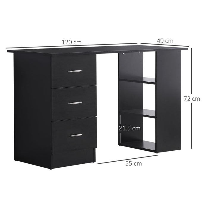 120cm Computer Desk PC Table Workstation w/ 3 Shelf & Drawers - Professional Quality Black Desk for Home or Office