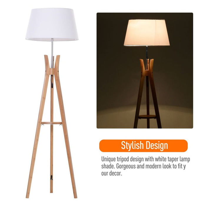 Premium Tripod Floor Lamp: Elegant E27 Light with Fabric Shade & Storage Shelf, White