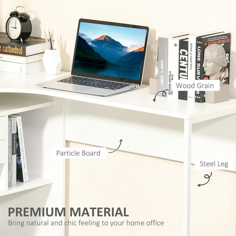 Modern L-Shaped Corner Desk w/ Storage Shelves - White