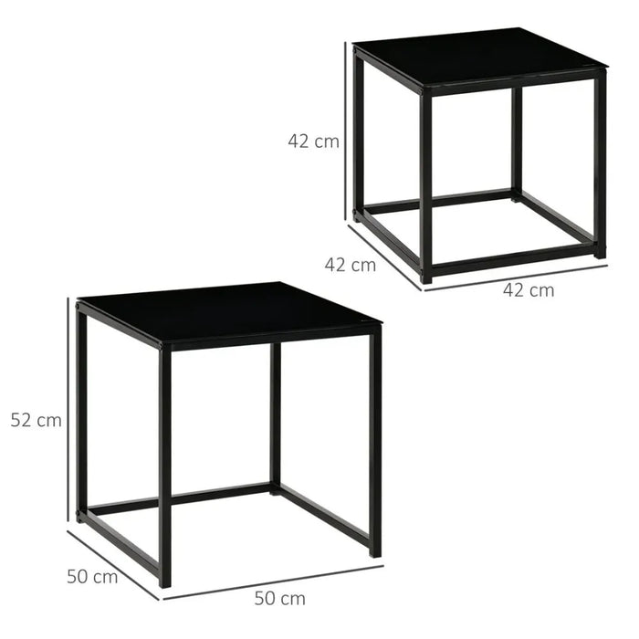 Nest of 2 Side Tables Set of Bedside Tables w/ Tempered Glass Desktop Black