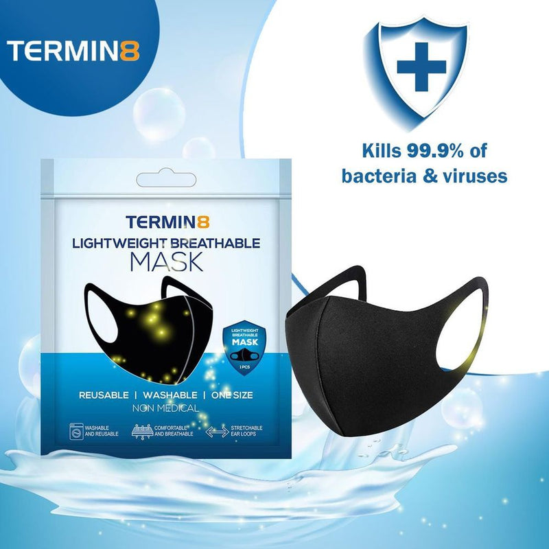 Termin8 Lightweight Breathable Reusable Face Mask for Adults, Machine Washable (Black)