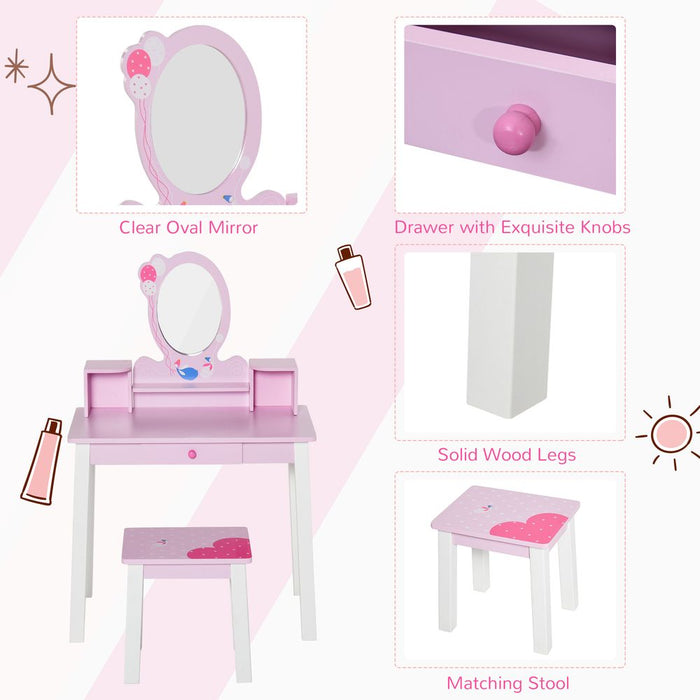 Premium Kids Dressing Table Set w/ Storage & Mirror - Pink, HOMCOM