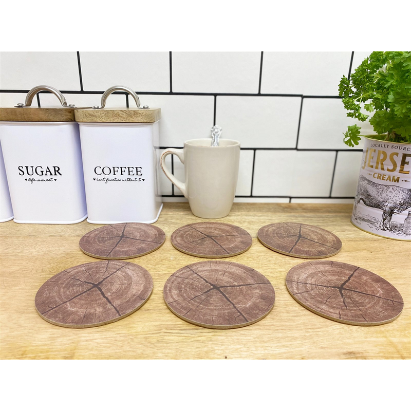 Premium Wood-Effect Coasters - Set of 6 | Cork Base | Wipeable Surface