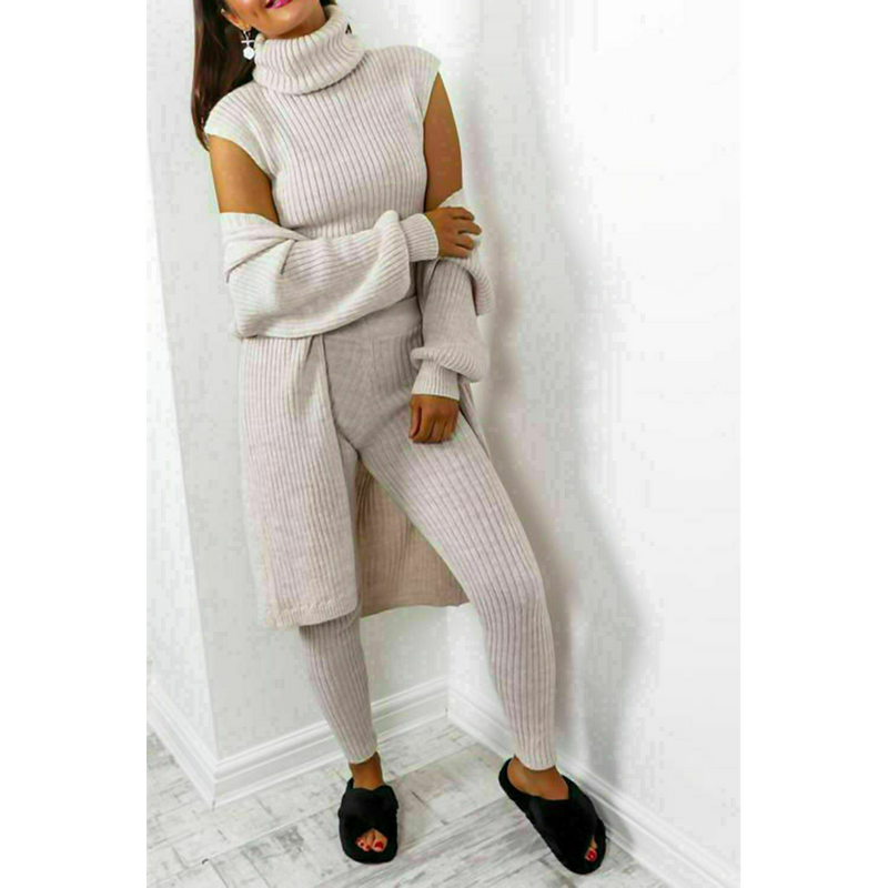 Ladies 3 Piece Suit Roll Neck Chunky Knitted Ribbed Tracksuit Lounge Set