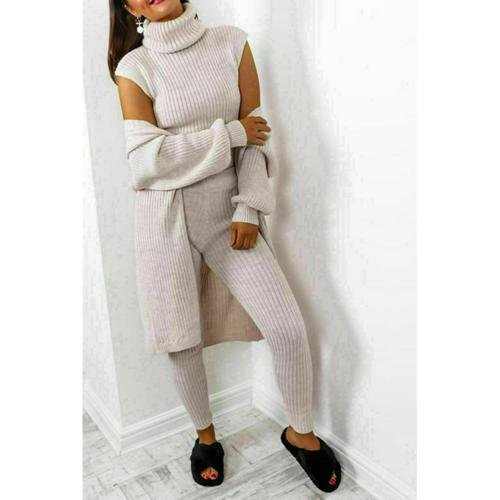 Ladies 3 Piece Suit Roll Neck Chunky Knitted Ribbed Tracksuit Lounge Set