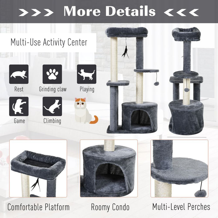 PawHut 100cm Cat Tree for Indoor Cats, Cat Tower Condo for Kittens with Cat House Sisal Scratching Posts, Hanging Ball Toys, Perches - Grey