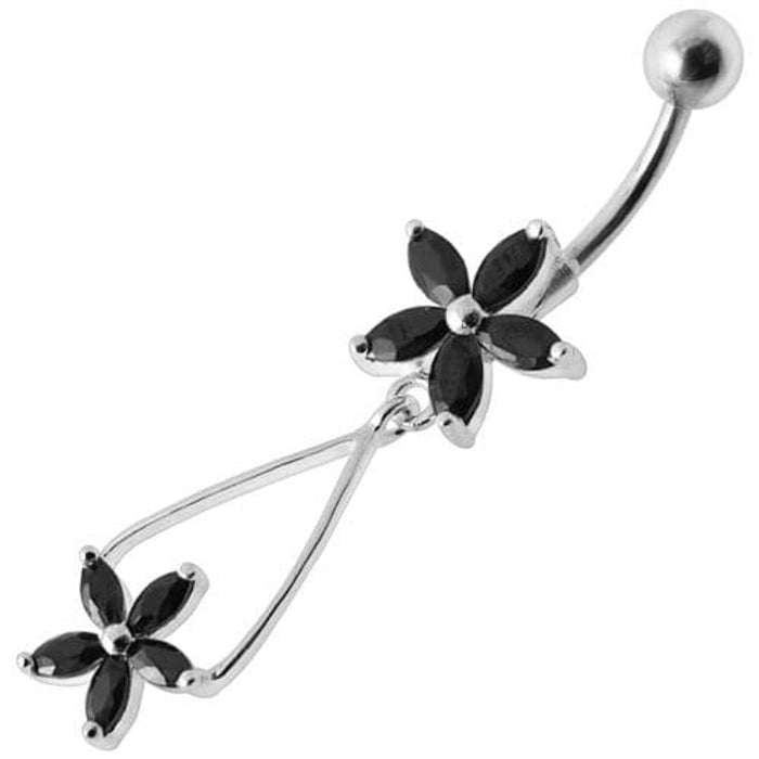 Fancy Jeweled Two Flower Silver Dangling SS Bar Navel Ring